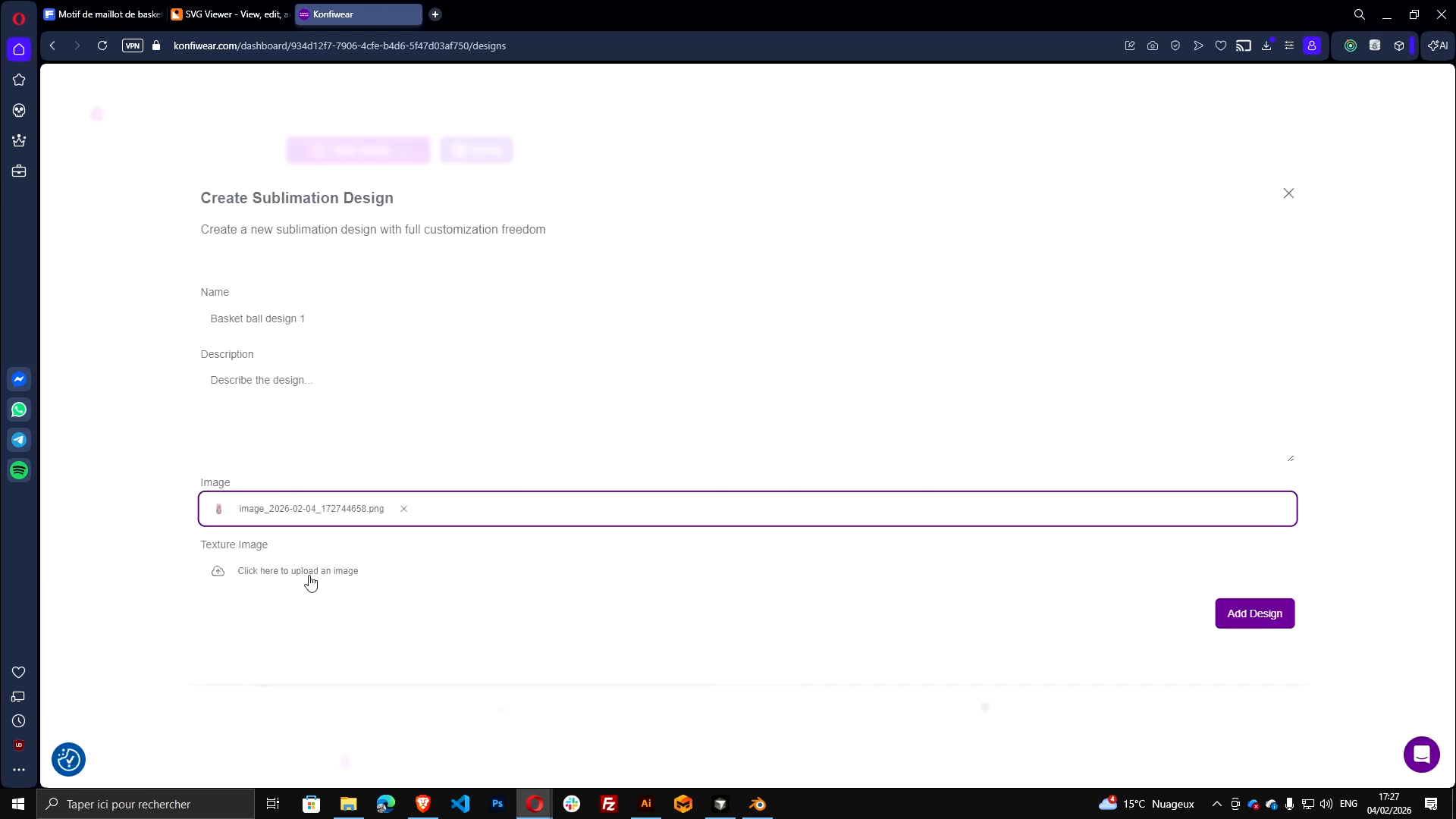 Konfiwear Instance Designs page showing Add New Design form with SVG upload